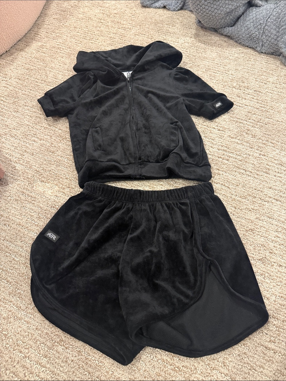 Kids Black Velour Matching Hoodie & Shorts Set